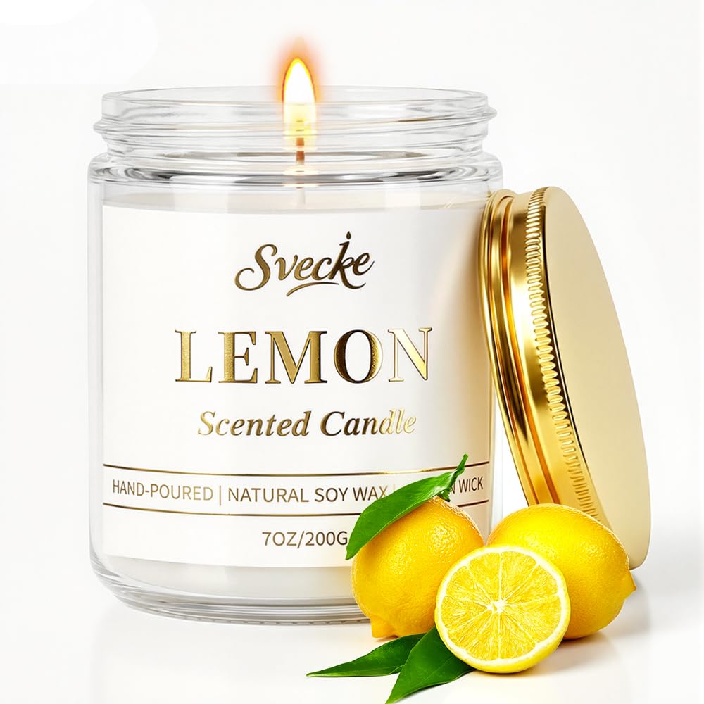 SVECKE Lemon Scented Candle 7oz Soy Wax Jar Candle Long Burning Aromatherapy Candle for Home Bedroom Gift for Women Men Housewarming New Home Gift
