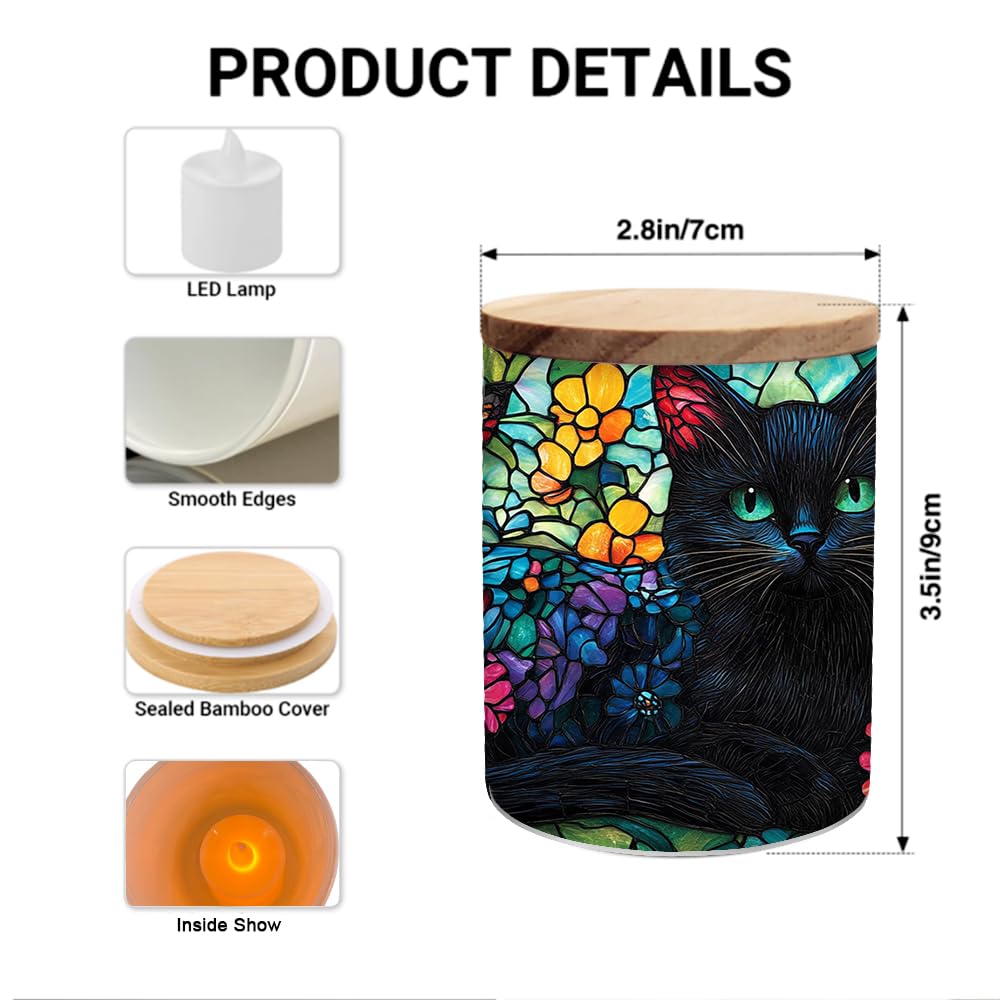 Stained Glass Black Cat Tea Light Holder Candle Jar with Battery Operated, Animal Stained Glass Memorial Candle Holder Sympathy Tealight Holder, Full Wrap Tealight Candle Jar for Home Decor