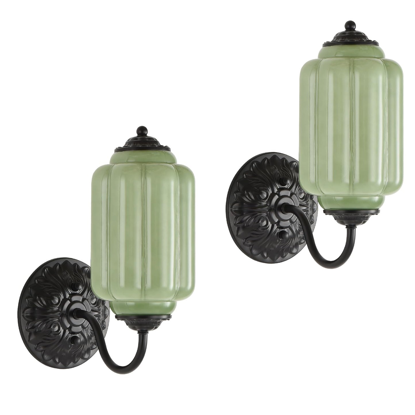 Pandaluna Vintage Wall Sconce, Green Milk Glass Light Fixture, 5.5In Art Deco Antique Wall Sconce for Bedroom Bathroom Living Room Hallway Entryway, E12 LED Bulb Included, Black & Green 2 Pack