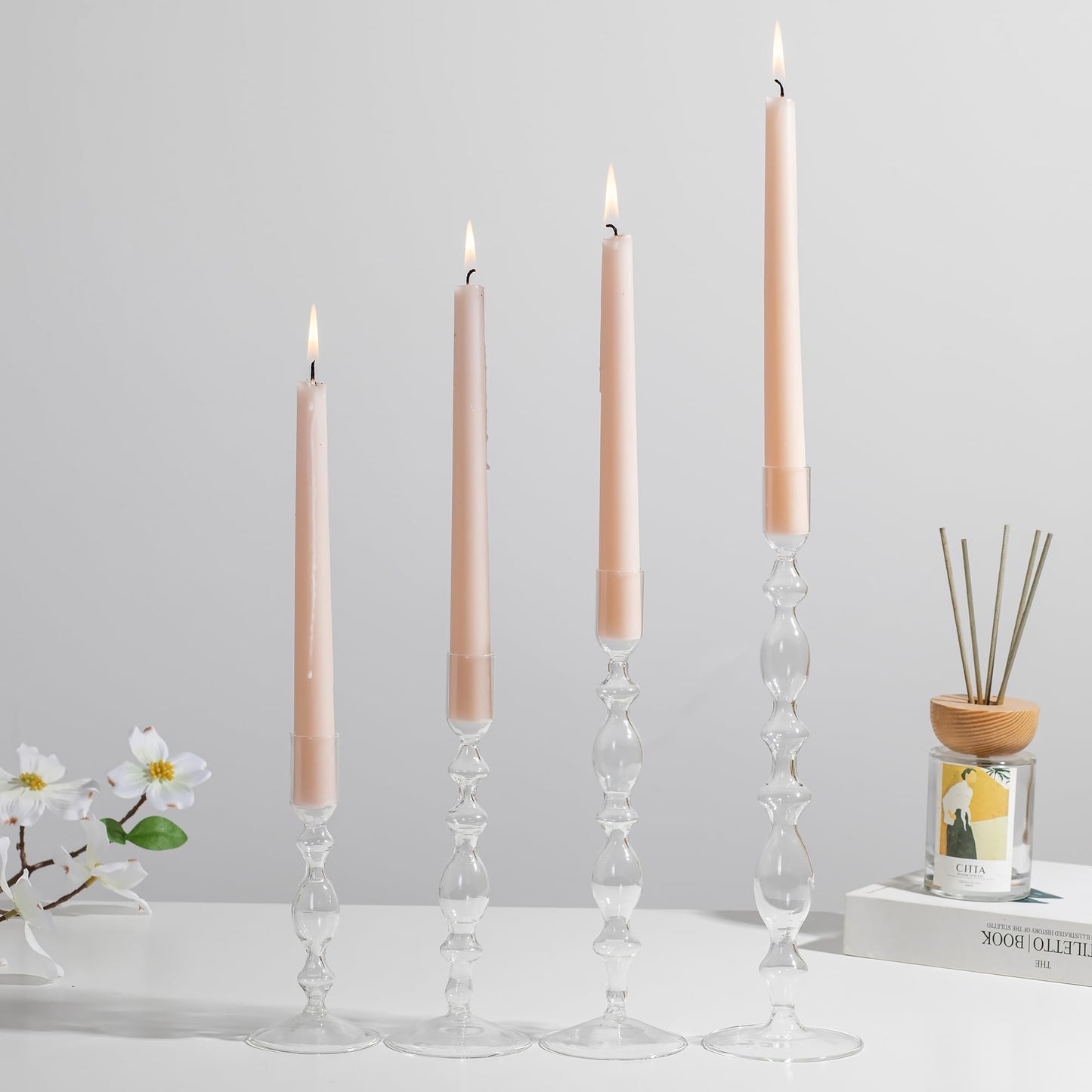 Glasseam Glass Candle Holders for Candlesticks: Clear Taper Candle Holders Set of 4 Modern Candle Stick Holder Tall Candle Holders for Table Centerpiece Wedding Party Dining Room Home Decor