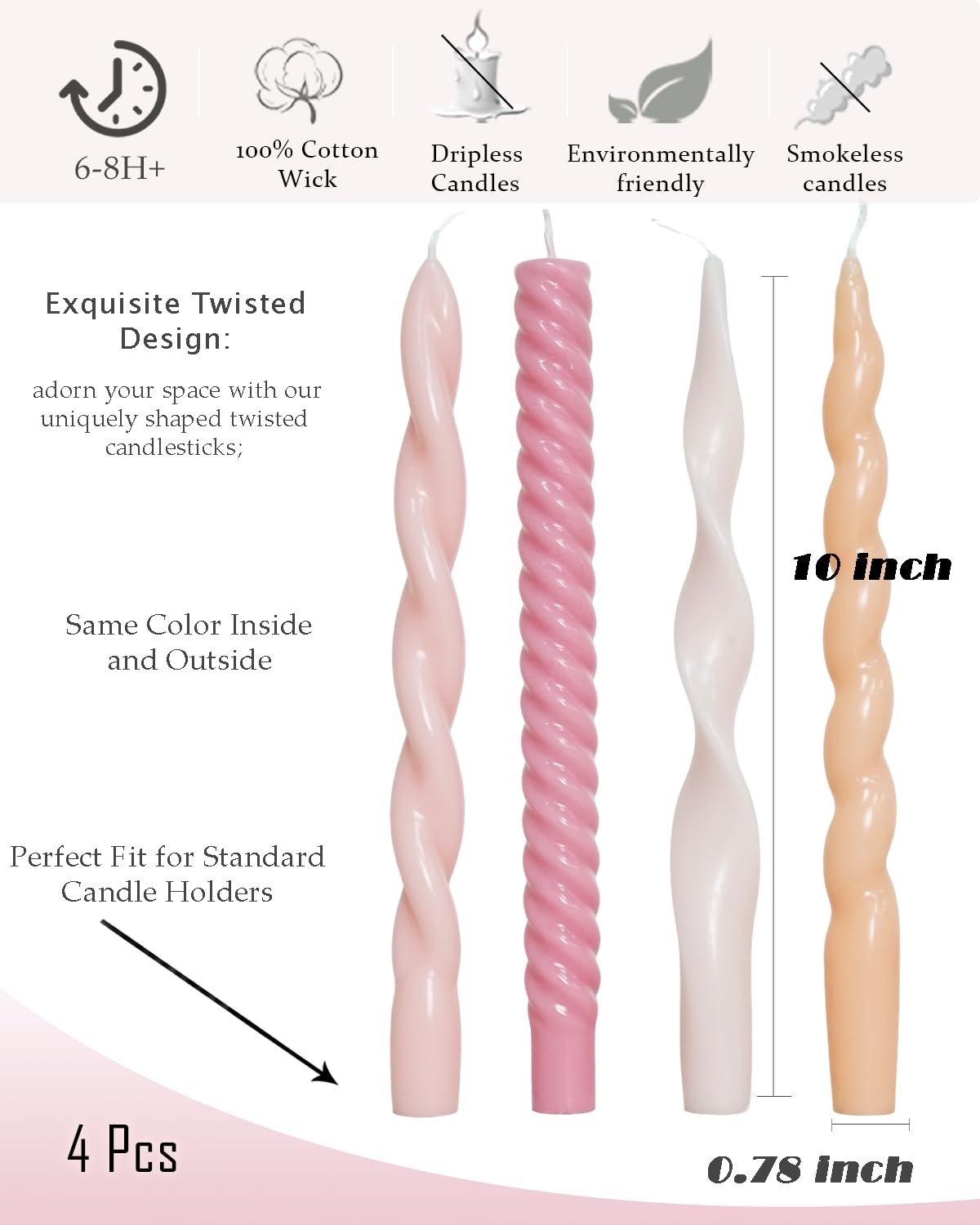 Pink Taper Candles Twisted Candlesticks Unscented Smokeless Tall Candles for Wedding Holiday Dinner Party Home Decorative candles-10inch,4pcs