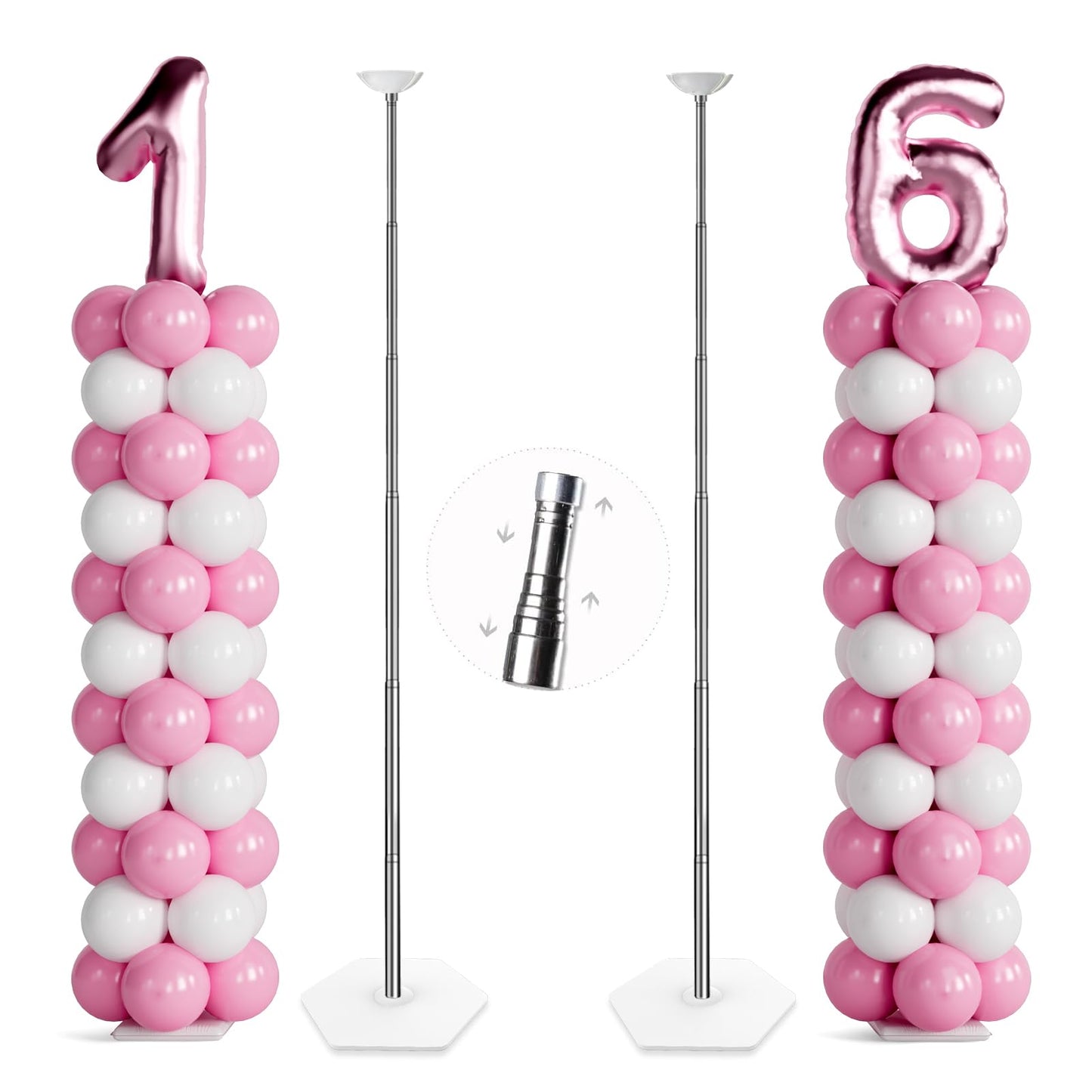 TEKXYZ Telescoping Balloon Stand Set of 2, 1.5ft to 7ft Free Adjustable Metal Balloon Column Stand for Party Decorations