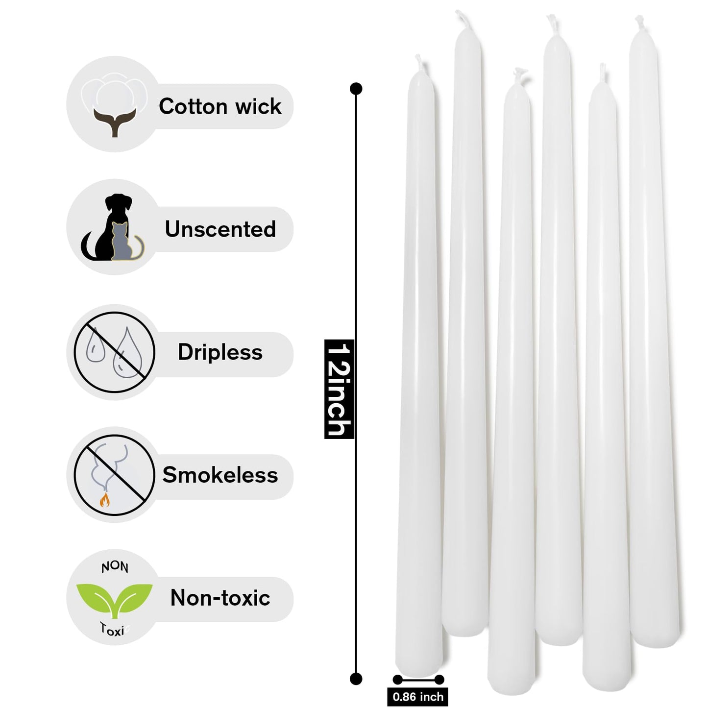 12 Inch Taper Candles 6 Pcs Unscented, Smokeless, Dripless Long Tapered Candlesticks Candles for Christmas Birthday Dinner Wedding Party Home Decor