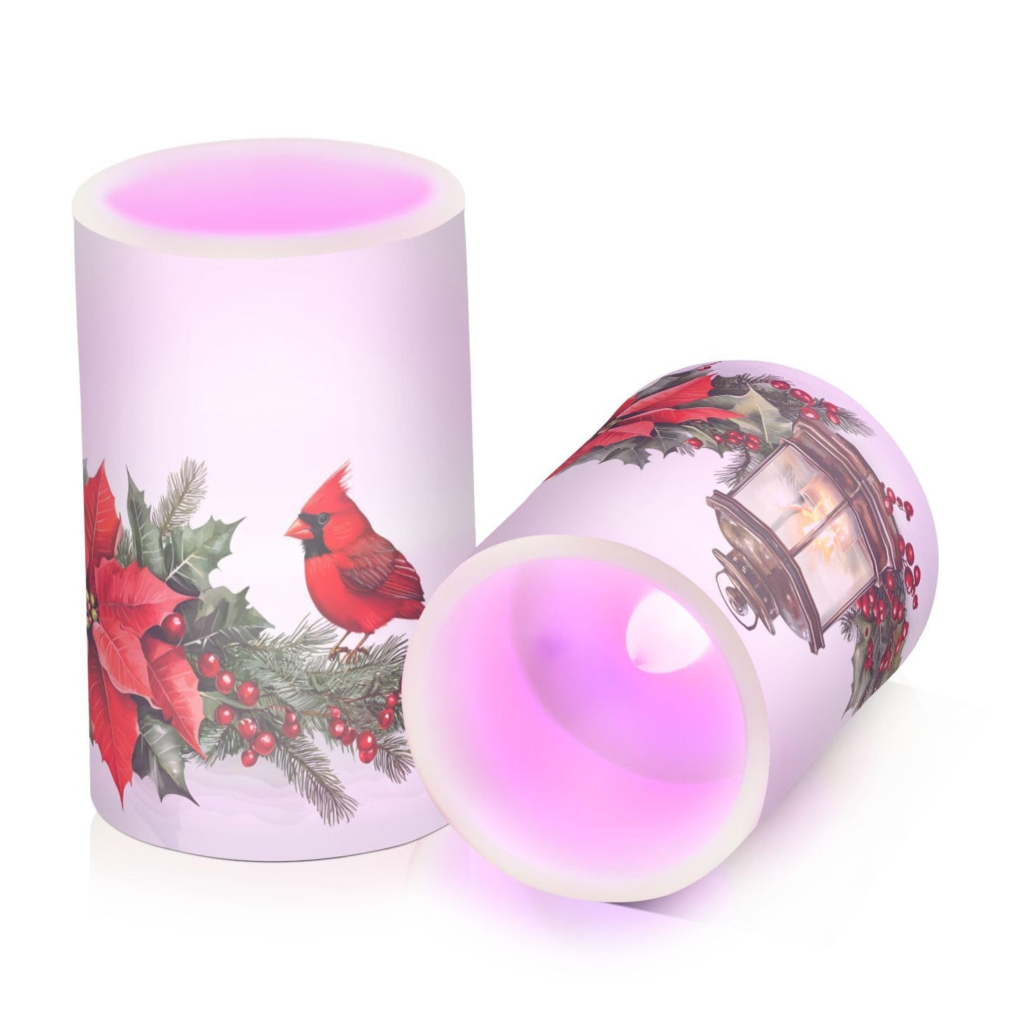 ALAZA Christmas Lantern Red Bird Poinsettia Flowers Flickering Flameless Candles Battery Operated with Remote Timer,Tea Light Candles LED Pillar Votive Candles Set of 2 for Outdoor Indoor Decorations