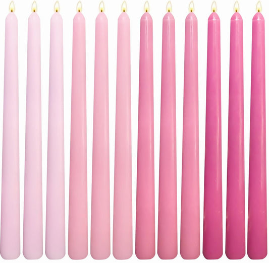 12-Pack Gradient Hot-Pink Taper Candles, 10 Inch Unscented Dripless Candlesticks, Long-Lasting Burn Time of 7-8 Hours, Perfect for Wedding Valentine's Day Dinners Parties and Home Décor