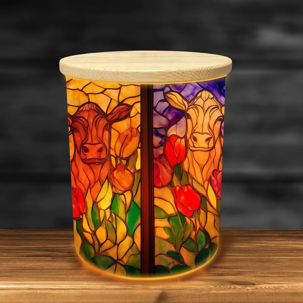 Stained Glass Cows Tea Light Candle Holders,Farmhouse Cattles Tealight Candle Holder Jar with Wooden Lid, Votive Candlesticks for Table Centerpieces, Christmas,Birthday Party,Home Decor