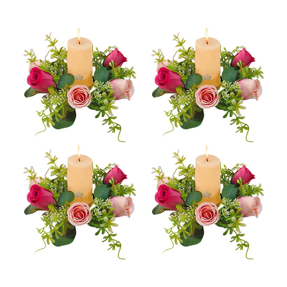 JOYWU 4-Pack Faux Rose Candle Rings, 9 in Artificial Flower Candle Wreaths with Pink Roses & Greenery, Floral Centerpiece Decor for Table, Fireplace Mantel, Wedding, Valentine's Day