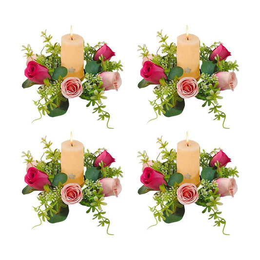 JOYWU 4-Pack Faux Rose Candle Rings, 9 in Artificial Flower Candle Wreaths with Pink Roses & Greenery, Floral Centerpiece Decor for Table, Fireplace Mantel, Wedding, Valentine's Day