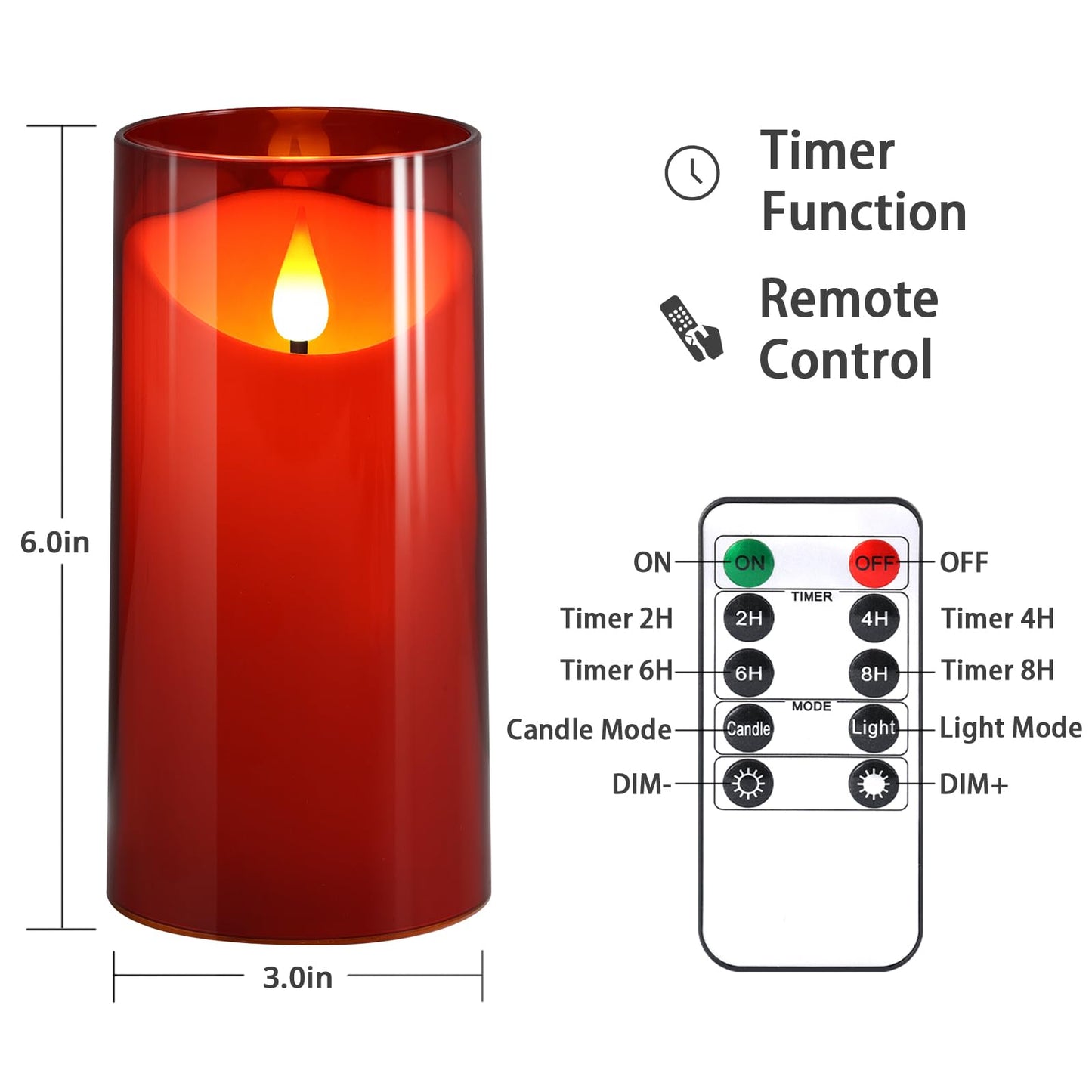NURADA Flameless Candles with Remote Timer: 3D Wick Battery Operated Led Pillar Fake Candle Set for Wedding Birthday Christmas Decorations - Red 2 Pack