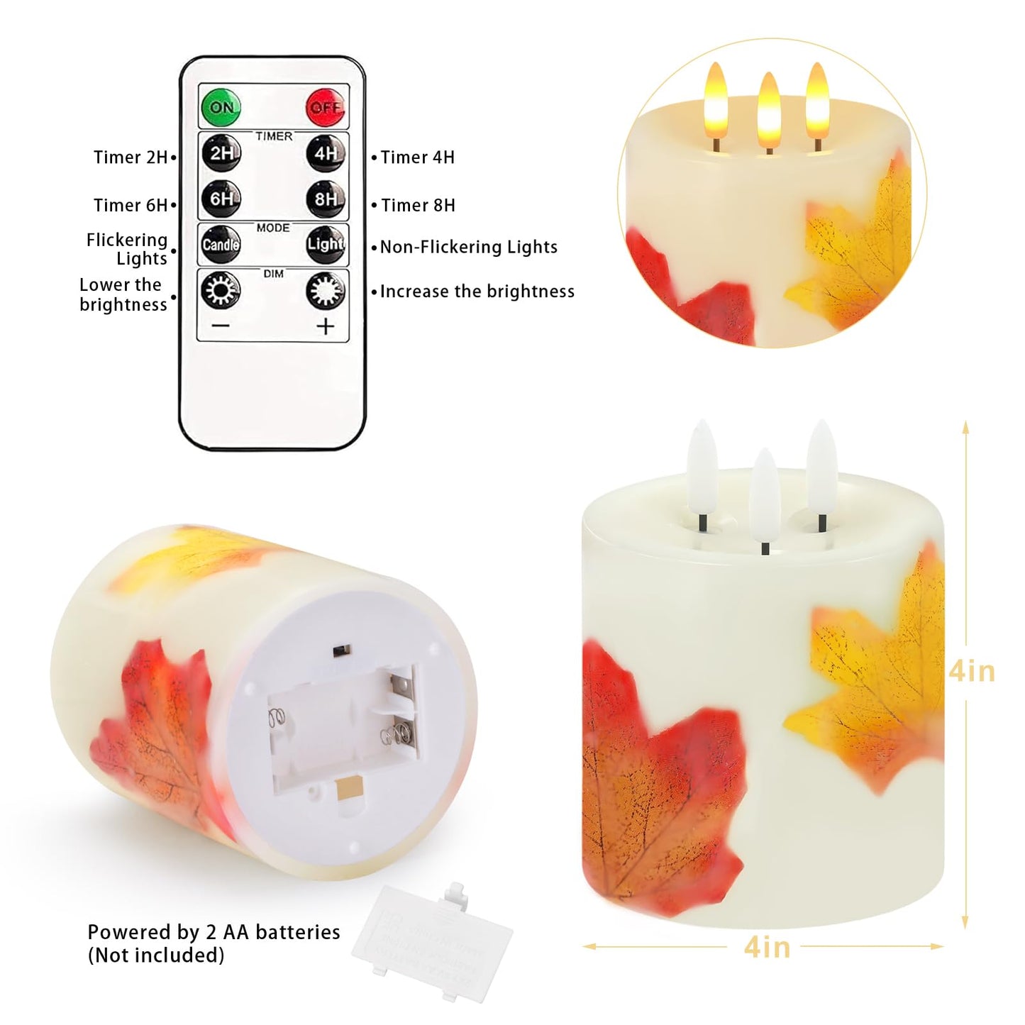 Large 3 Wick Flameless Candles Set of 2, 4"x4" Flickering Maple Leaves LED Candles with Remote & Timer, Real Wax Electric Pillar Candles Battery Operated, Fall Candles for Thanksgiving Autumn Decor