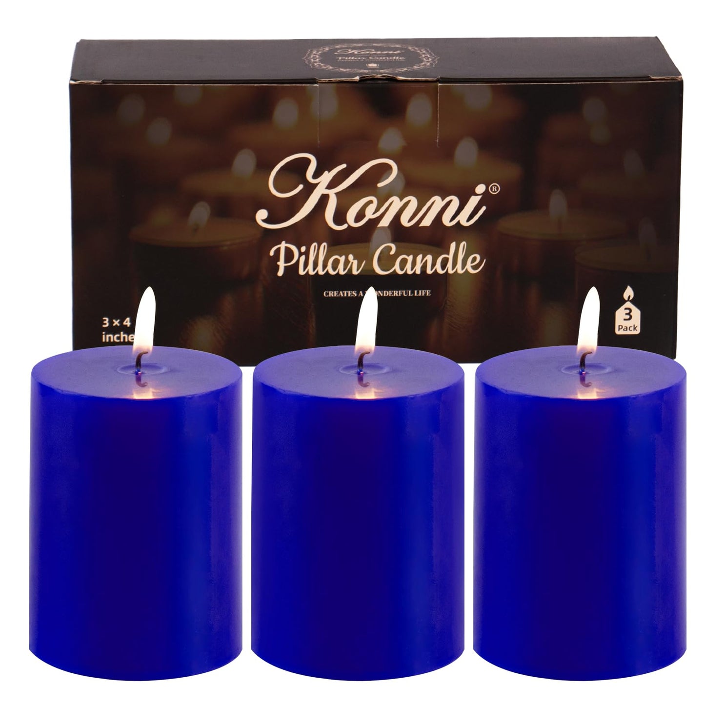 KONNI Classic Blue Pillar Candles Set of 3, 3"x 4" Unscented Pillar Candles Bulk, 42 Hours Long Burning Candles, Smokeless&Dripless Large Round Candle for Wedding, Home Decoration, Parties, Spas