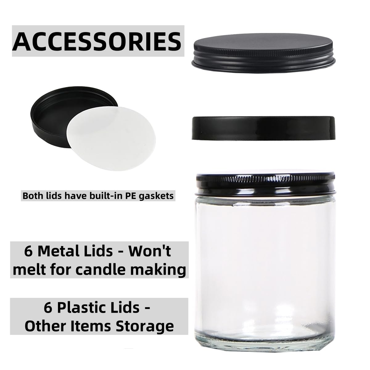 KIGITIK 6 pack 8oz Glass Jars and Plastic & Metal Lids, Refillable Thick Glass Jars For Candle, Storage, Spice, Liquid, Powder. (8oz Clear)