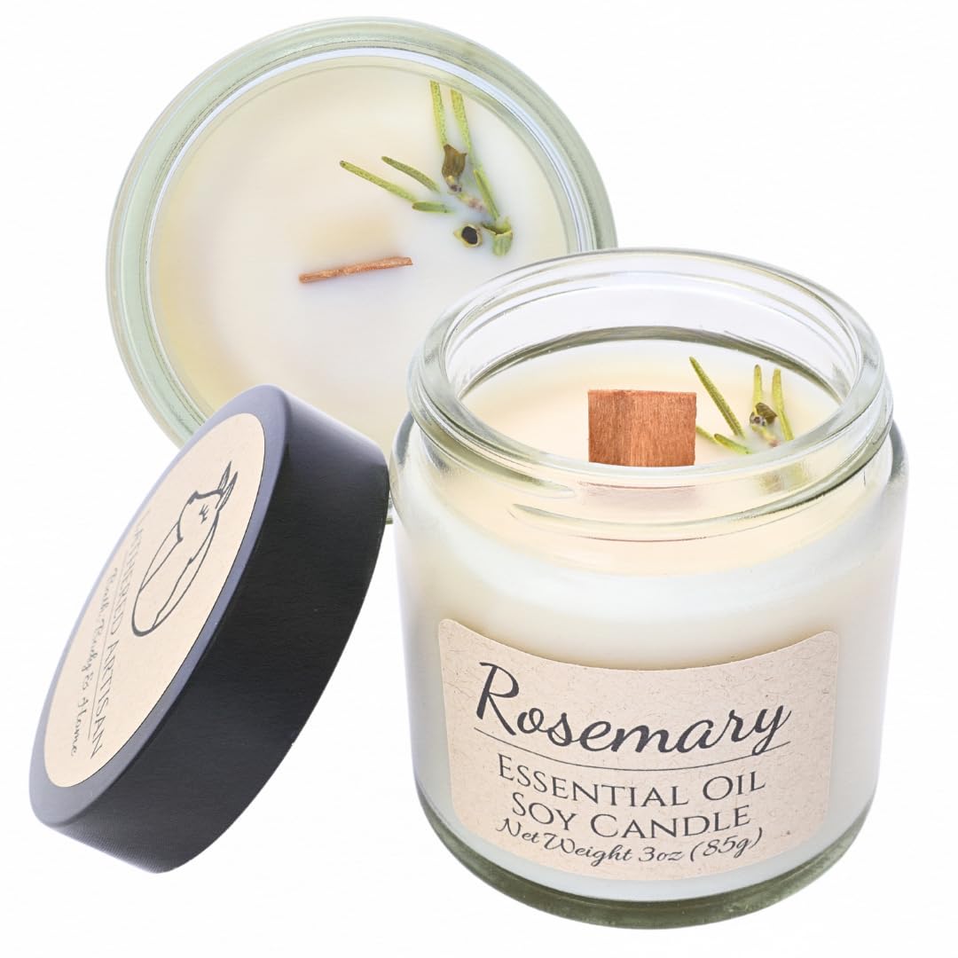 Rosemary Scented Essential Oil Candle 3 oz, Hand Crafted Pure Soy Wax Candle with Wooden Wick and Dried Flowers, 23 Hour Burn Time, Natural Aromatherapy Glass Jar Candle with Lid by Lathered Artisan