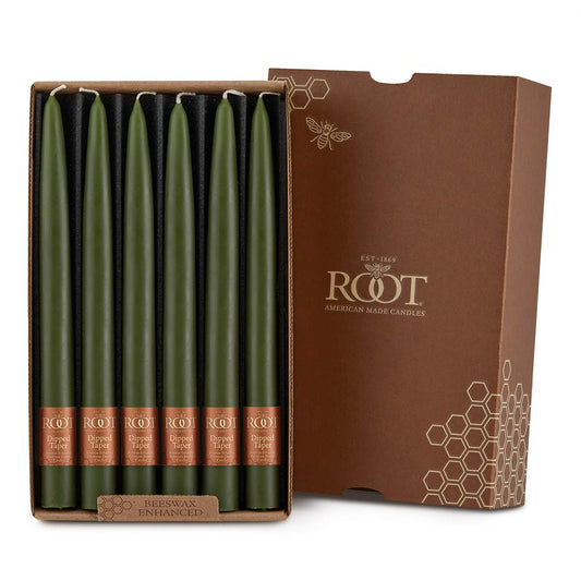 Root Candles 12-Count Unscented Taper Candles Smooth Hand-Dipped Dripless Beeswax Enhanced Boxed Candle Set, 9-Inch, Dark Olive