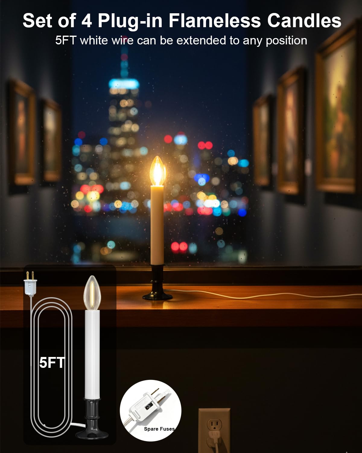 Electric Window Candle Lights with Auto Sensor, Dusk to Dawn Candle Lamps with Nickel Plated Base, 9 Inch Plug in Window Lights with 0.6W LED Shatterproof E12 Bulbs for Christmas Decor, 4 Pack