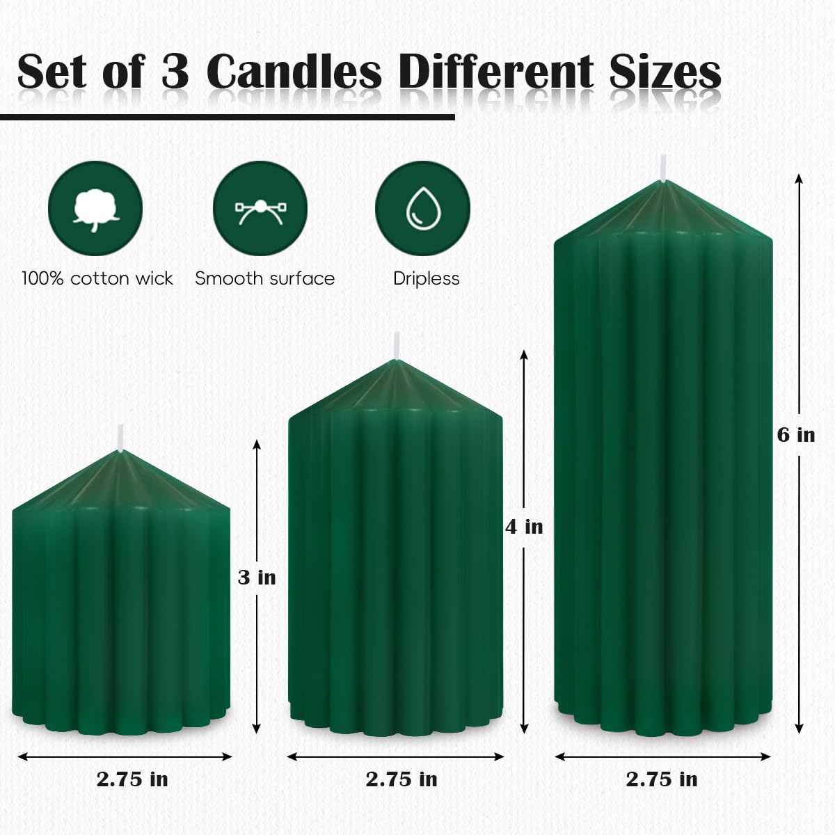 Green Handmade Decorative Pillar Candles - 2.75×3"/4"/6" Fat Candles - Long Lasting Burning Candles for Home Decor, Gifts & Events
