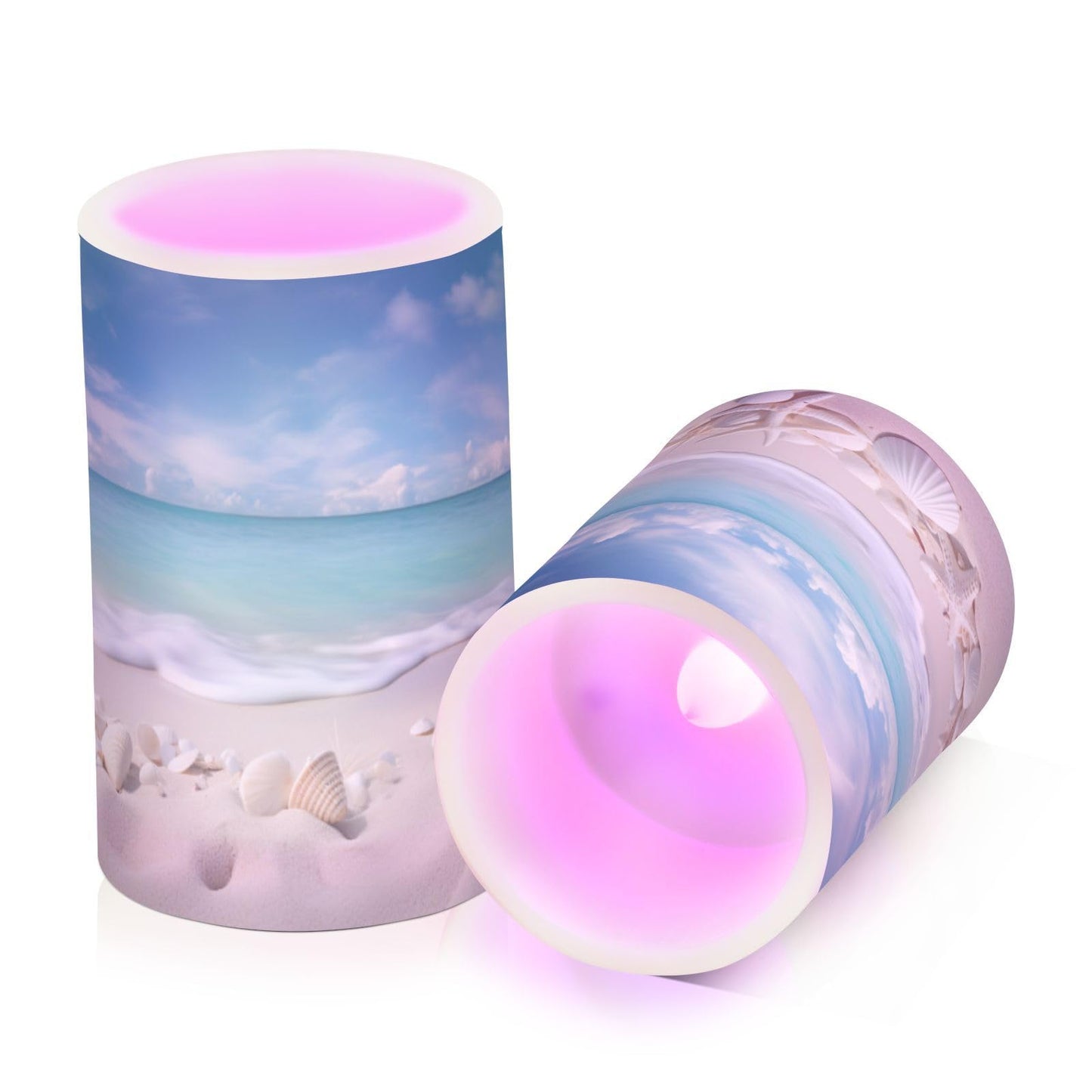 BOENLE Flickering Flameless Candles, Starfishes Seashells Beach Blue Sky LED Candles with Remote Timer, Set of 2 Battery Operated Candle for Valentine Wedding Birthday