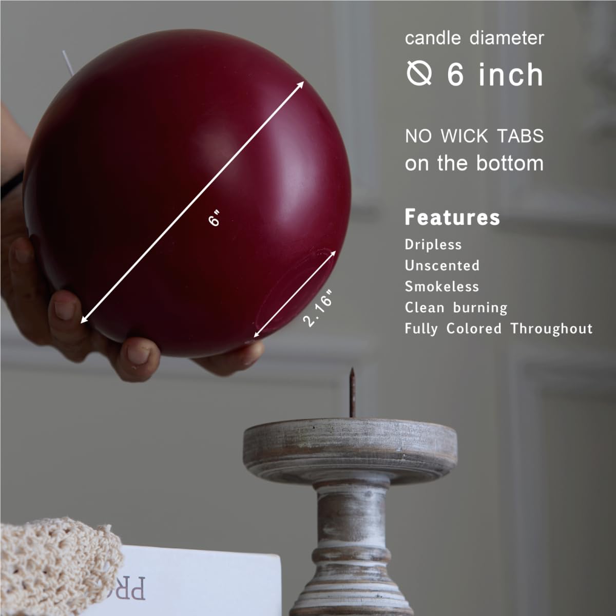 MOZEAL Hand-Poured, 6 Inch Dark Red Large Round Ball Candles - Elegant Dark Red Round Pillar Candles, Dripless, Unscented, Smokeless, Ideal for Intimate Gatherings.