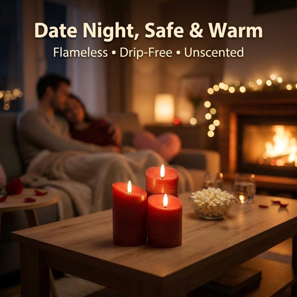 ANGELLOONG Red Flameless Candles with Remote and Timer, Real Wax Flickering Fake Pillar Candles Battery Operated, Electric LED Candle for Bathroom Table Decor Birthday Gifts for Him Her, Set of 3