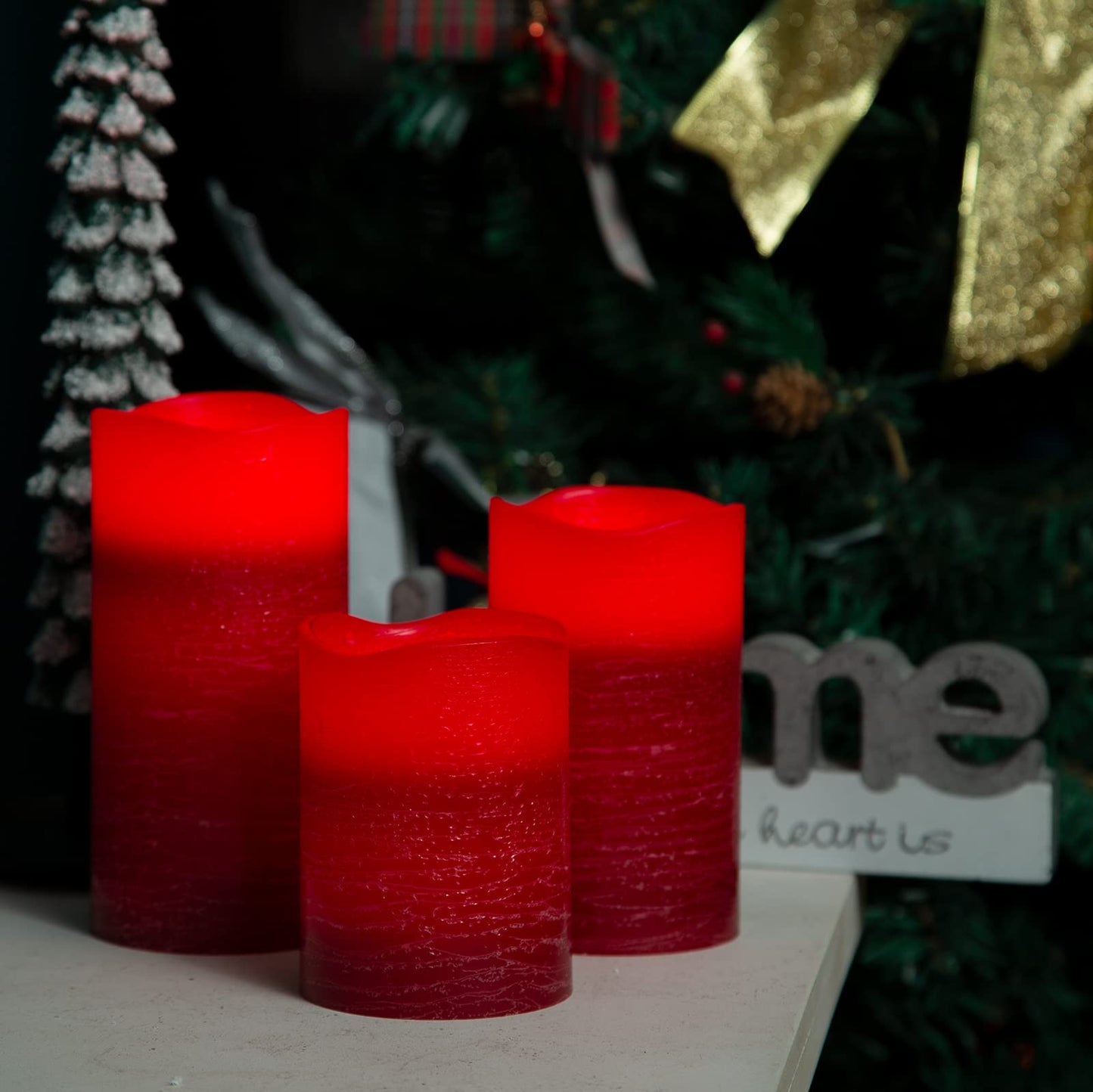 H-BLOSSOM Red Flameless Candles Real Wax LED Pillar Candles Battery Operated with Cycling 5H Timer Set of 3 (3" x 4"/5"/6") (Red)