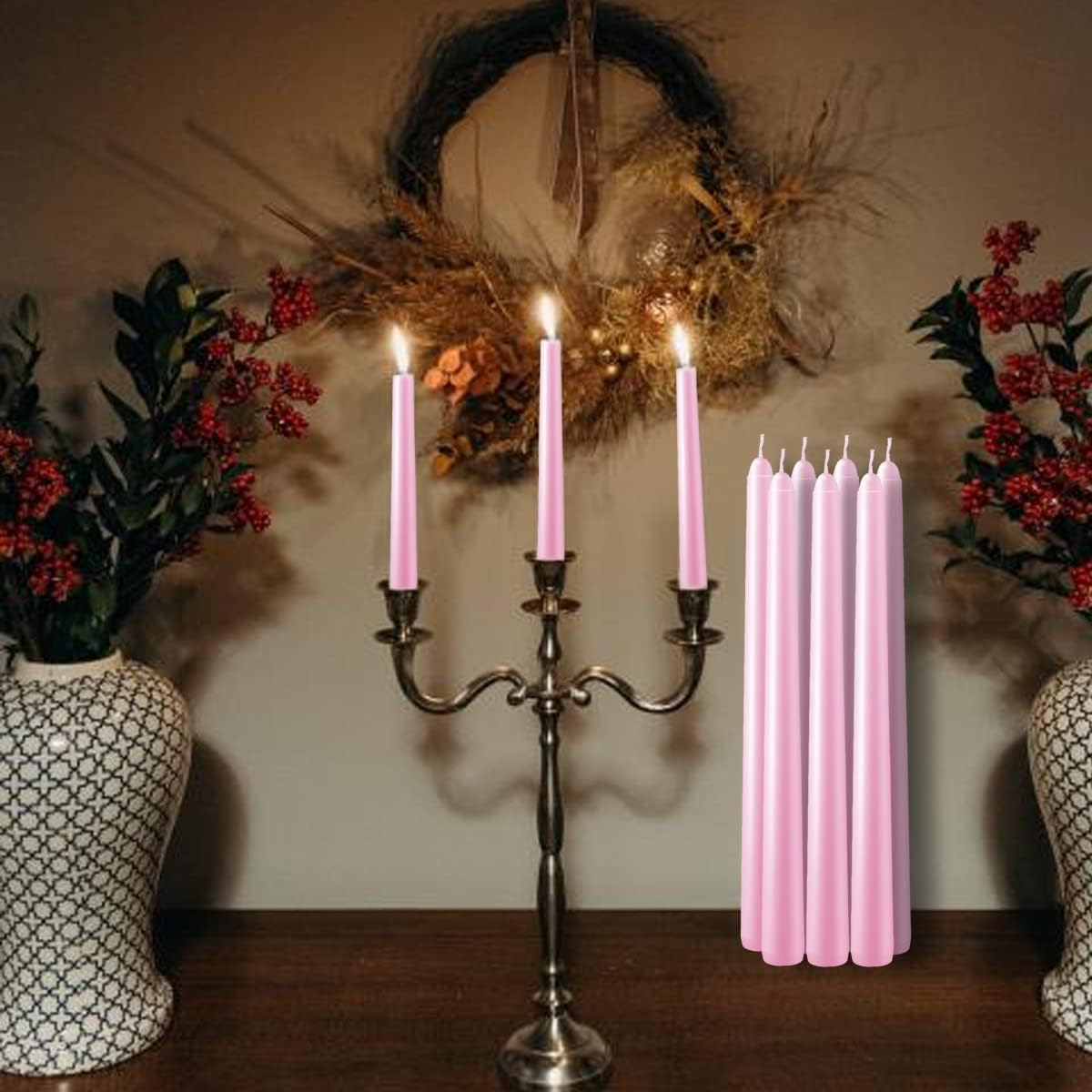 WPONSZU Set of 14 Pink Taper Candles, 7-8 Hours Burn Time, Unscented, Smokeless and Dripless, 4/5 x 10 Inch Dinner Candle Set for Valentine's Day,Household, Wedding, Party and Home Décor Candlesticks