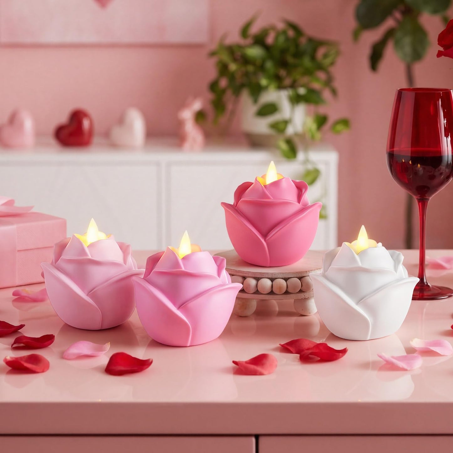 Bucherry 4 Pcs Rose Flameless Candle Light 3.5" LED Resin Pink Rose Flower Tealight Candle Battery Operated Rosebud Flickering Tea Light for Wedding Party Teacher Gifts Home Table Decor