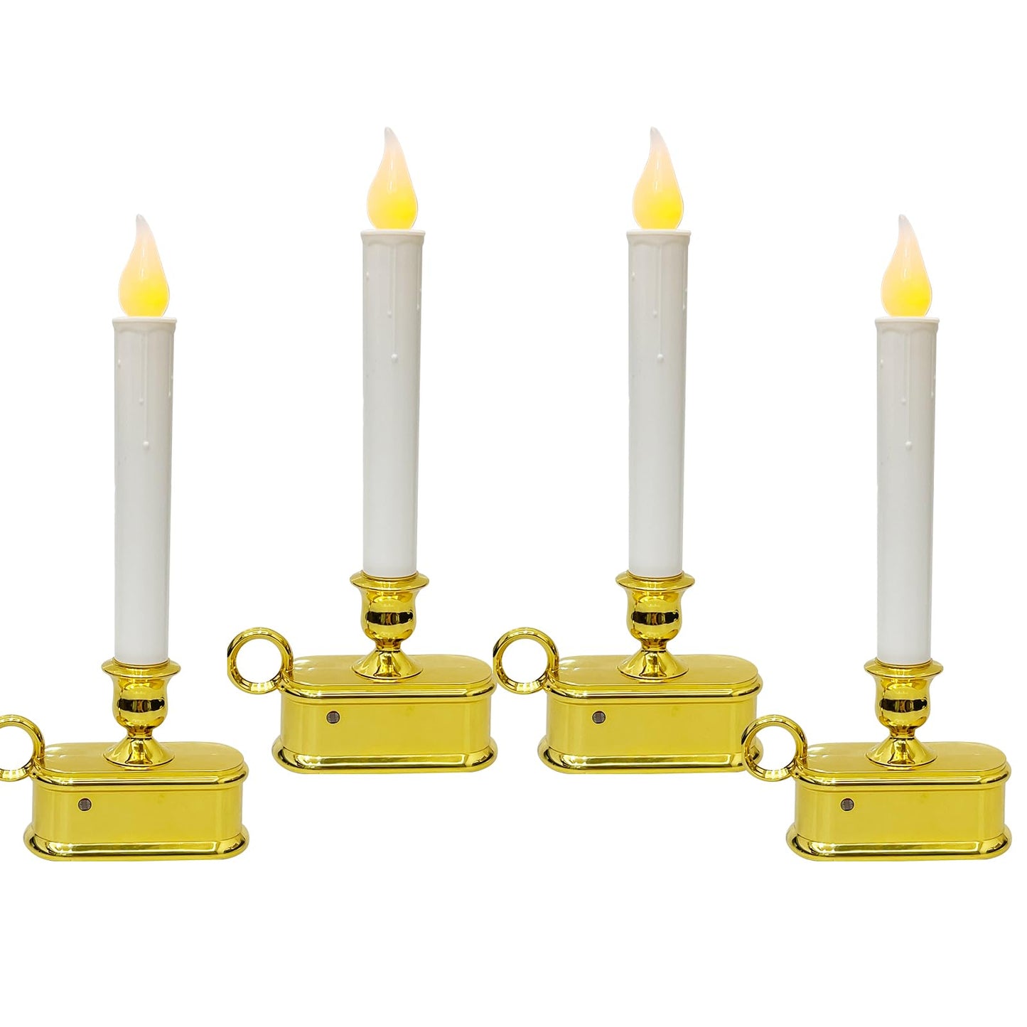 Romasaty 4 Pack Christmas Window Candle Lamps with Sensor Dusk to Dawn,10 Inch Battery Operated LED Window Candles with Flickering Amber Flame for Weddings Table Christmas Decor, Gold Plated Base