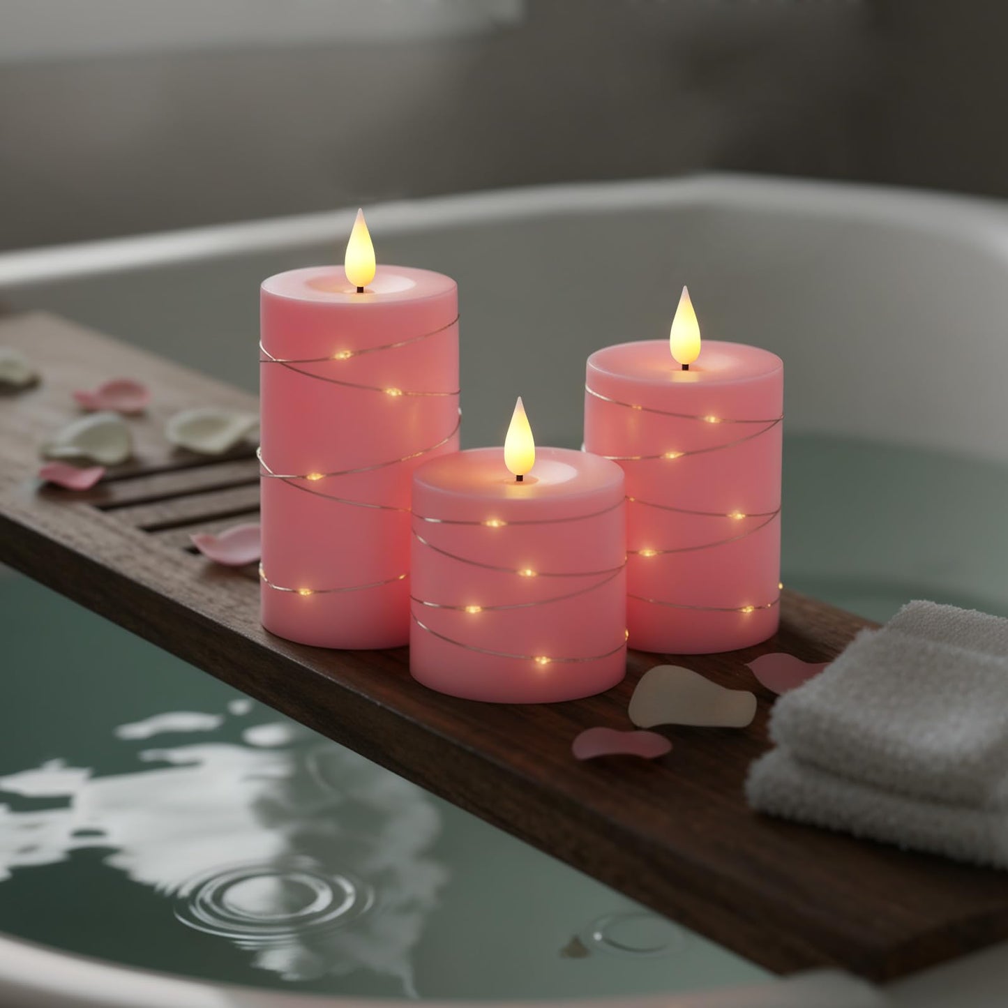 Raycare Easter Pink Flameless Candles with Remote Timer, Flickering Battery Operated LED Pillar Fake Candle with String Lights for Home Decor, Christmas, Wedding and Gift, Set of 3