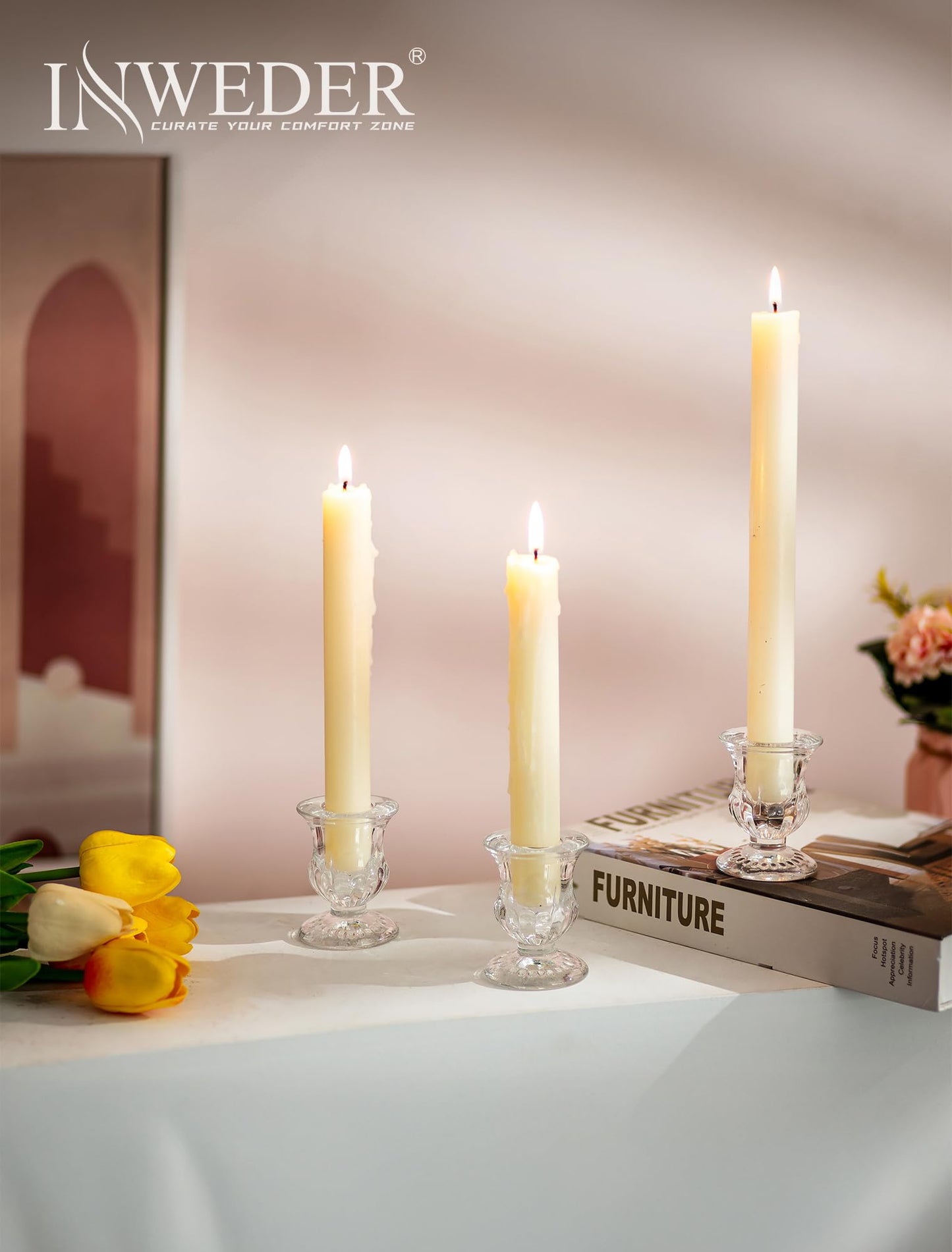 Inweder Glass Taper Candle Holders: Crystal Clear Candlestick Holders Modern Small Candle Stick Holder for Wedding Table Centerpiece Party Dinning Home Christmas Set of 2