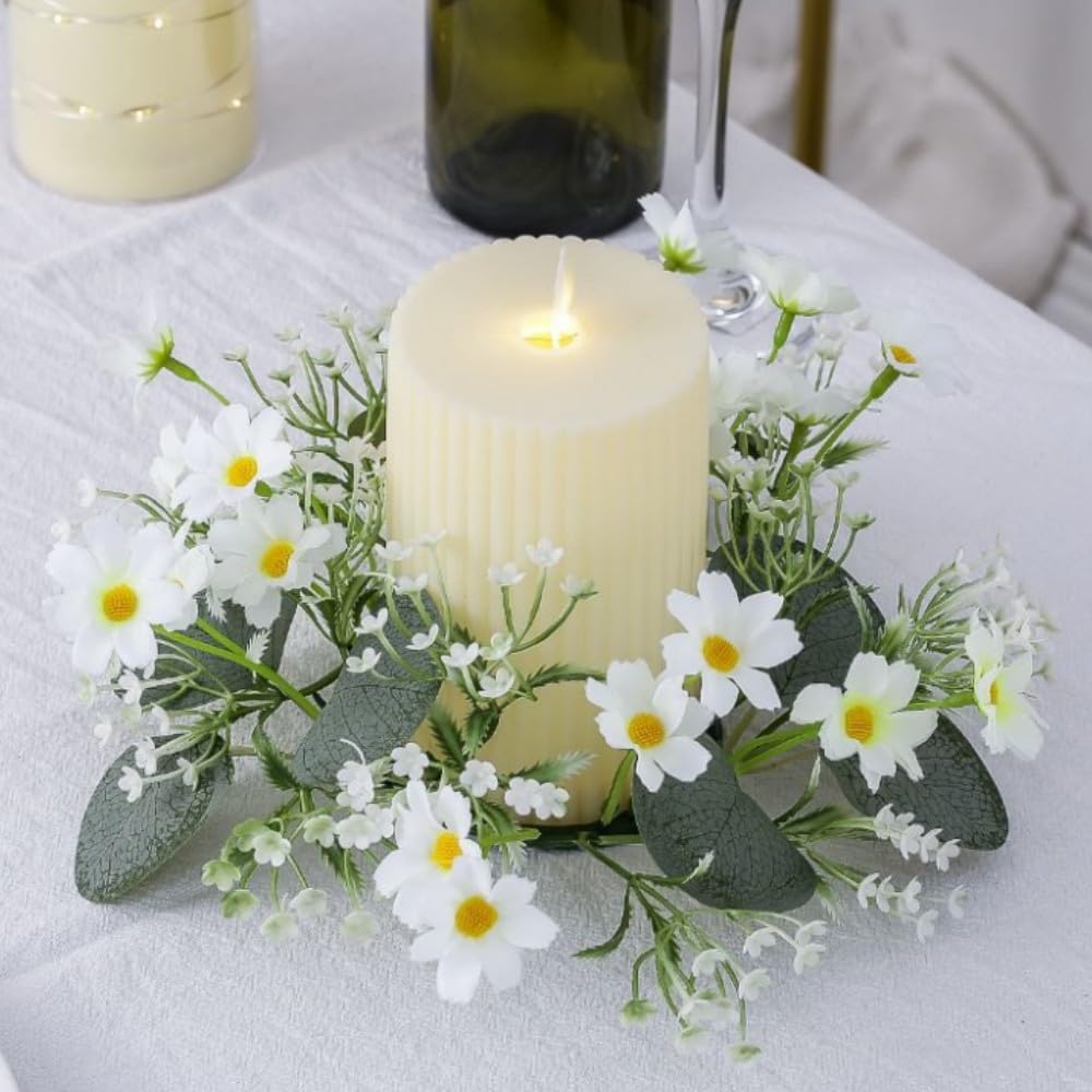 2 Pcs Candle Rings Wreaths,Artificial Daisy Flowers with Green Leaves Flower Candle Rings Candleholders Garland for Pillar Centerpiece Party Table Decor,3inch Center Diameter (White)