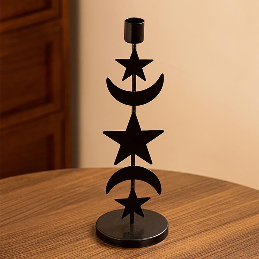 Iron Taper Candle Holder Matte Black Tall Star Moon Candlestick Holders Decorative Candle Stand Candlestick Holder for Wedding, Dining Table, Party Home Decoration (B)