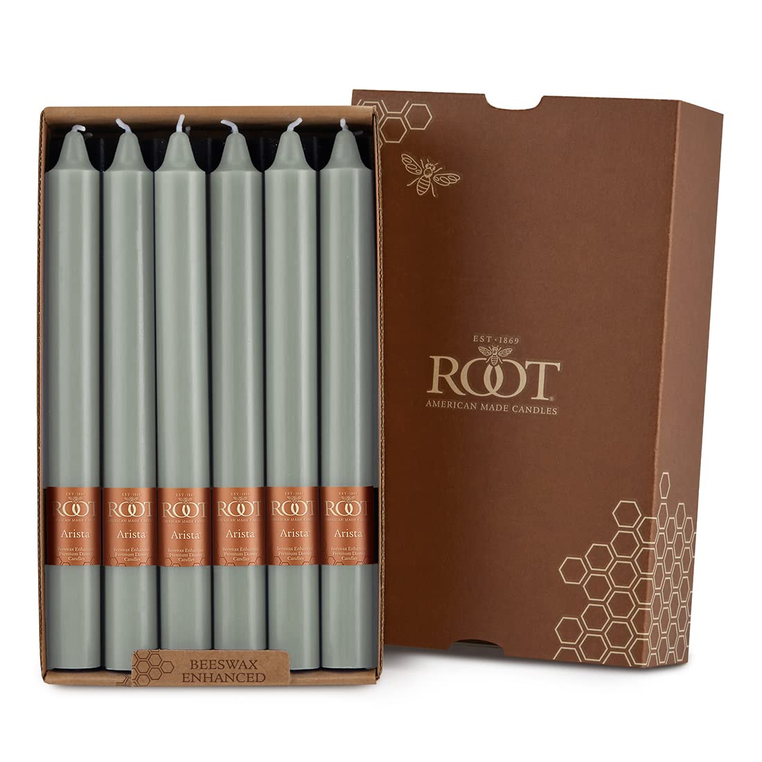 Root Candles 12-Count Unscented Dinner Candles Dripless Beeswax Enhanced Smooth Arista™ Boxed Candle Set, 9-Inch, Sage Green