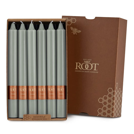 Root Candles 12-Count Unscented Dinner Candles Dripless Beeswax Enhanced Smooth Arista™ Boxed Candle Set, 9-Inch, Sage Green