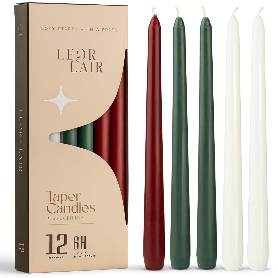 Leor & Lair 10” Christmas Taper Candles – 12 Pack of Red, Green & White Christmas Candlesticks – Long Burning Holiday Dinner Table Candles for Advent, Weddings & Home Décor