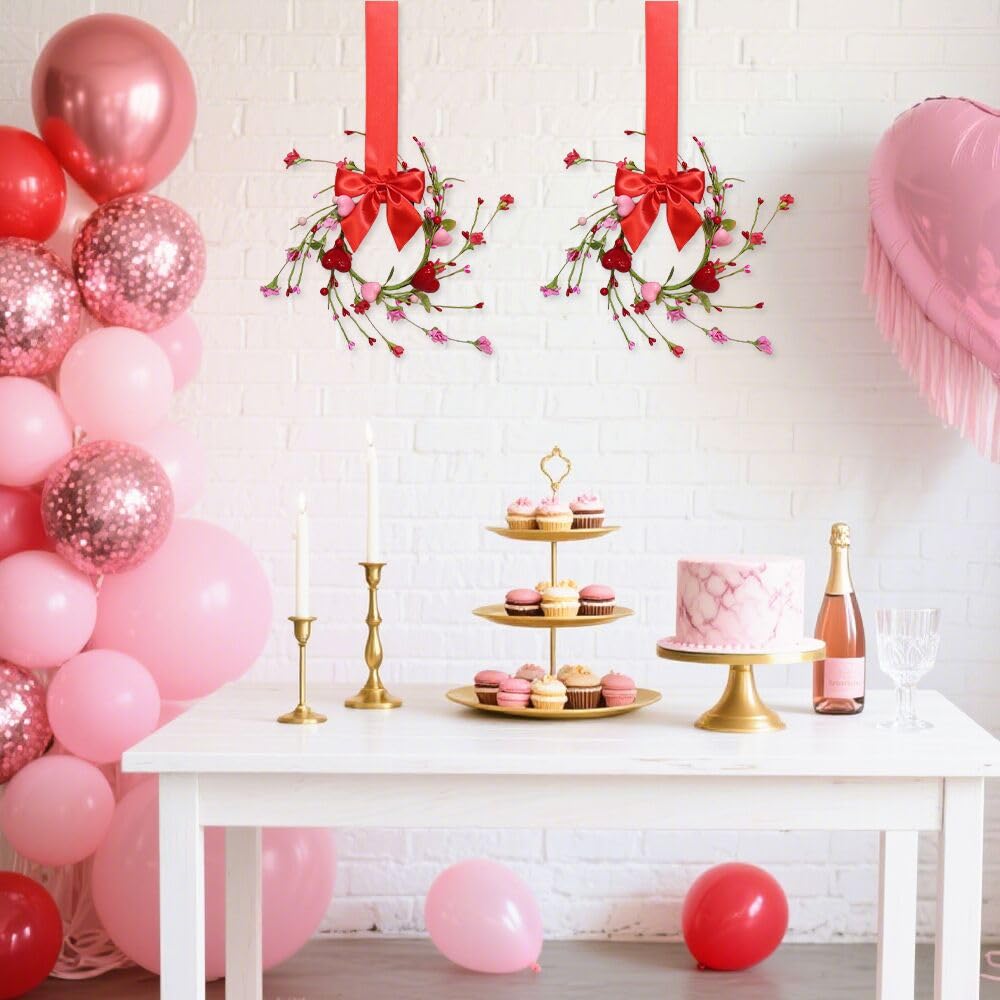 2 Pcs 10" Mini Valentine Candle Rings Wreath for Front Door Small Valentine's Day Red Heart Berry with Forsythia Flowers Decor for Kitchen Cabinet Porch Wall Window Chai (Pink)