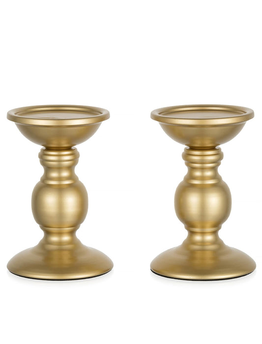 Set of 2 Gold Metal Pillar Candle Holders for 3 inches Dia Candle, Wedding Centerpieces Candlestick Holders Stand Centerpiece Decoration Ideal for Weddings, Special Events, Parties