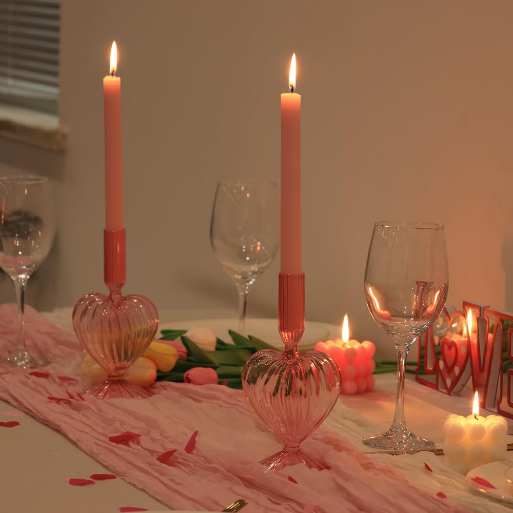 NEEDOMO Valentines Day Decorations, Set of 2 Pink Heart Glass Candlestick Holders for Valentines Decor, Taper Candle Holders Table Centerpieces for Romantic Wedding Party Mantel Decor