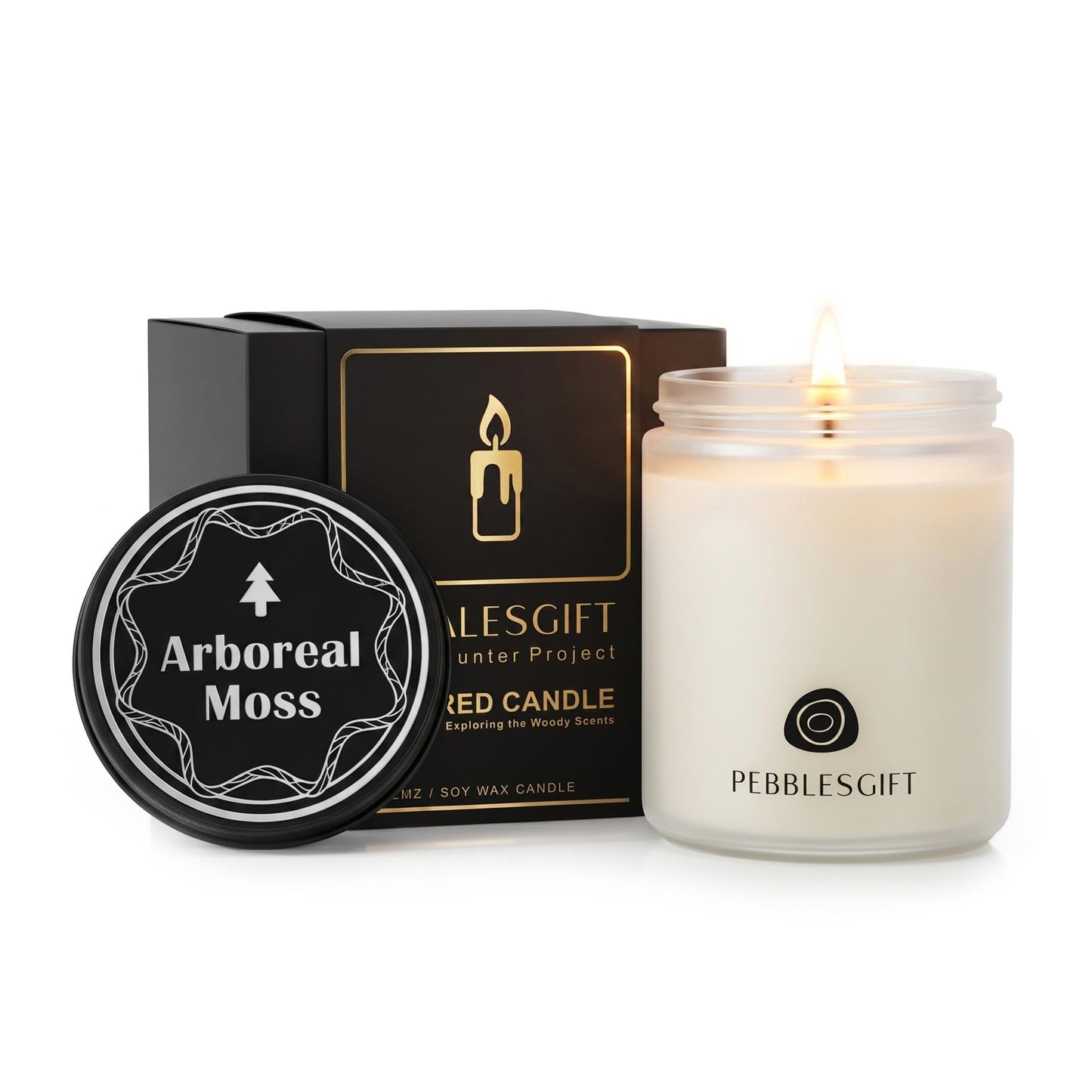 PebblesGift Wood Scented Arboreal Moss Candle 9oz Soy Wax Frosted Glass Jar for Home Decor - Scent Hunter Project Aroma Discovery Card Included - Ideal Gift for Self-Care & Relaxation
