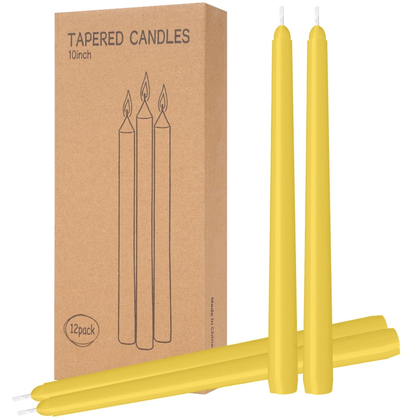 LYOBATH 12 Pack Yellow Taper Candles - Taper Candles 10 Inch Dripless, Smokeless & Unscented - 8 Hours Long Burning - Ideal for Weddings, Dinner Parties, and Home Decor