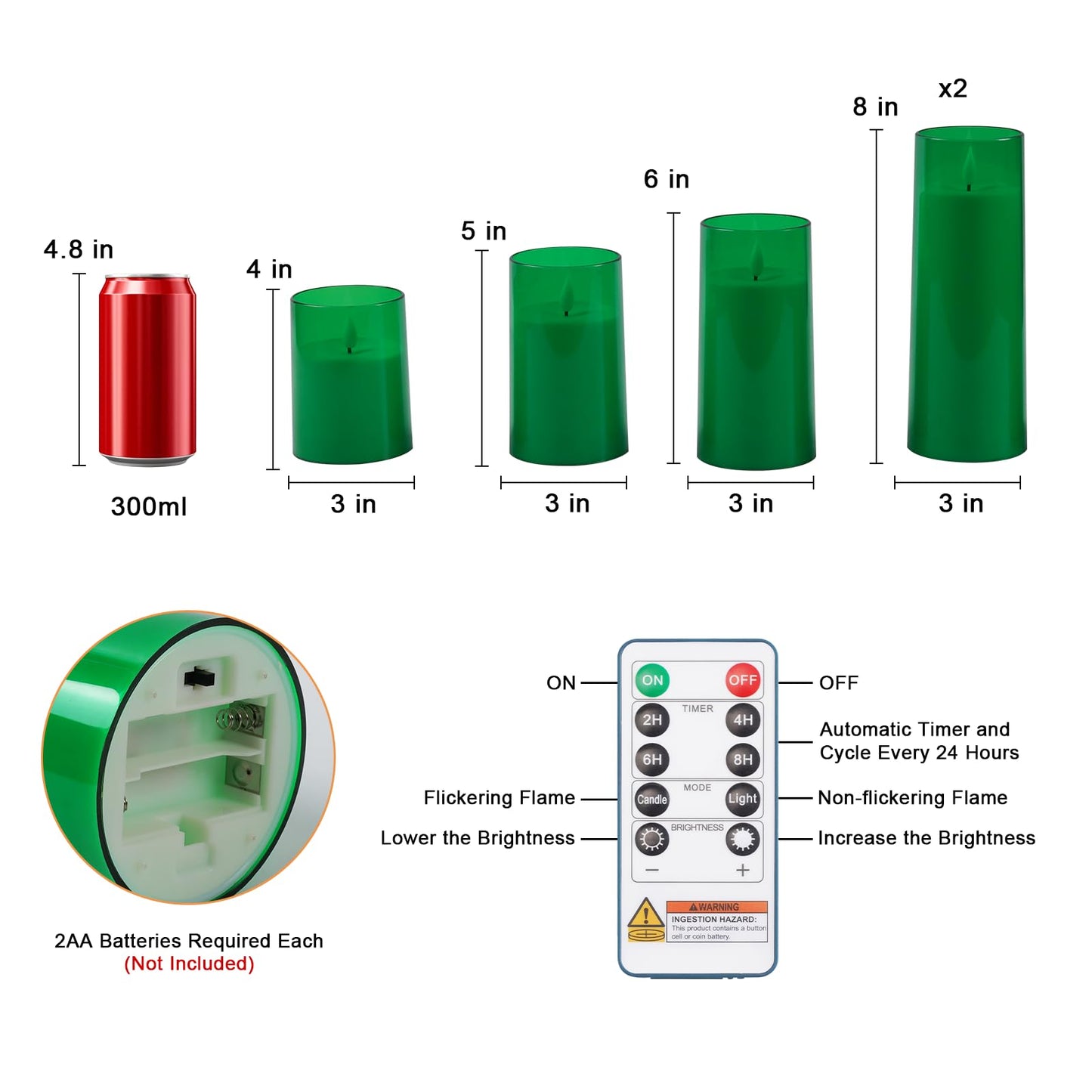 Raycare St. Patrick's Day Flameless Candles Battery Operated with Remote Timer, Acrylic Flickering LED Pillar Candle for Christmas Decoration, Home Decor, Gift for Family and Friend, Green, Set of 5