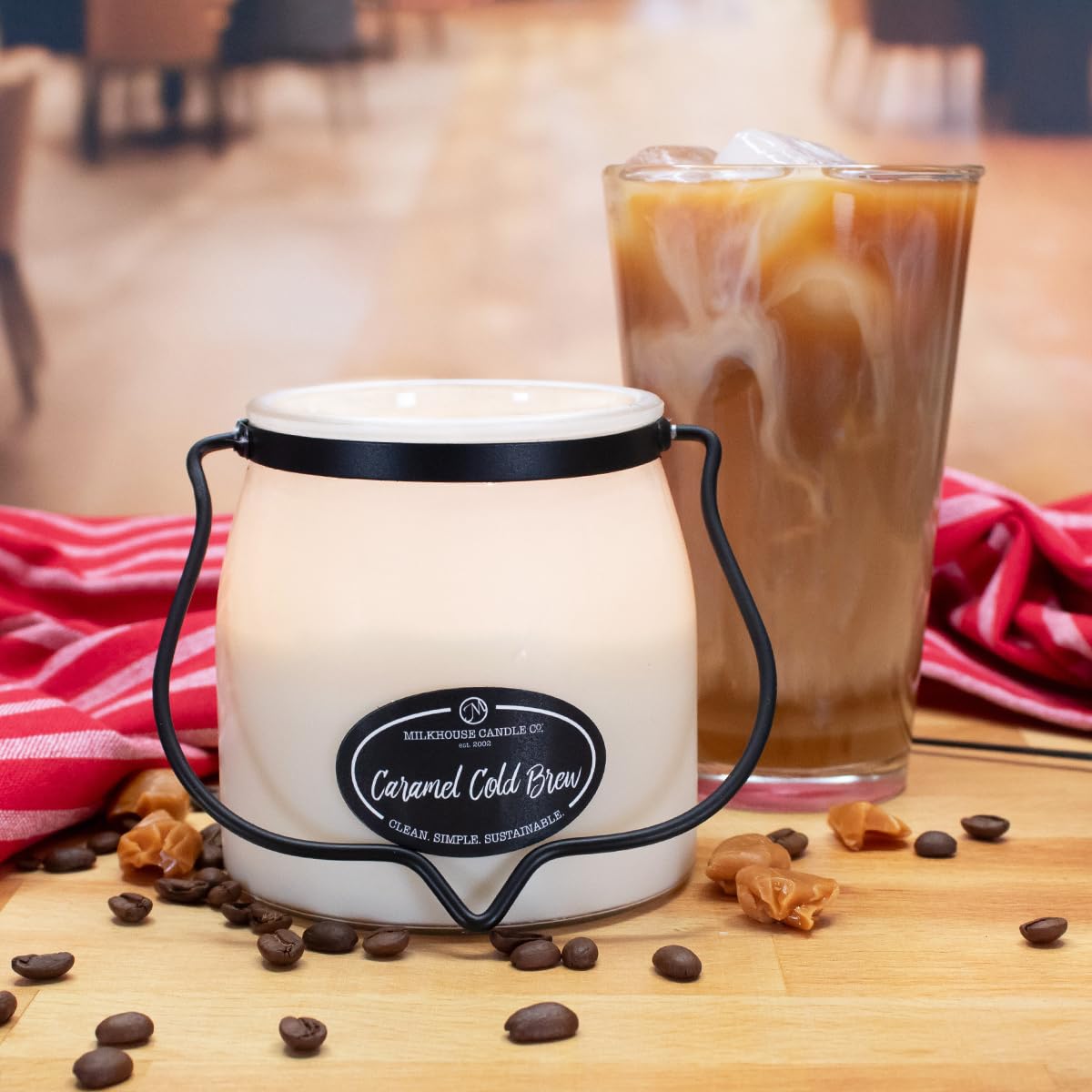 Milkhouse Candle Company Caramel Cold Brew Soy Candle - Cold Brew Coffee | Milk Chocolate | Caramel & Vanilla Scented - 16 oz Butter Jar with Lid, 65+ Hour Burn Time, Made in the USA