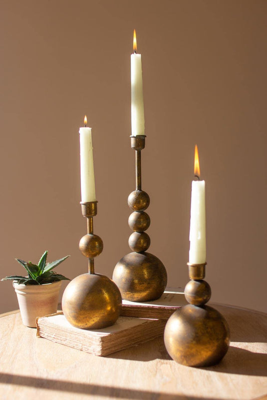 KALALOU CLL2695 Antique Brass Taper Candle Holders - Decorative Stacked Sphere Design, 11.5 in Height, Set of 3