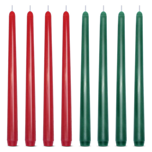 Red and Green Mix Colored 10 Inch Taper Candles, Dripless Unscented Skinny Tall Candlesticks for Christmas Home Party Dinner Table - 4 Red and 4 Green