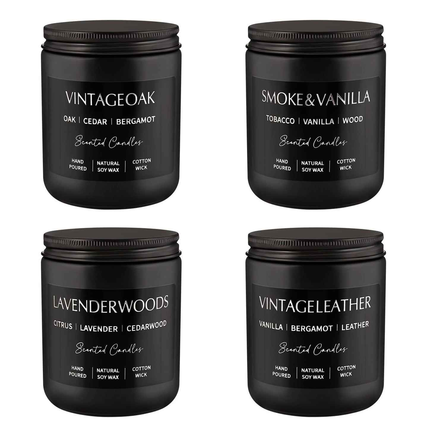 Scented Candles Gift Set - 4 Pack (7oz Each) Soy Wax Aromatherapy Candles with Essential Oils, Smokeless - Leather & Smoke, Vanilla Oakmoss, Lavender for Office, Gifts