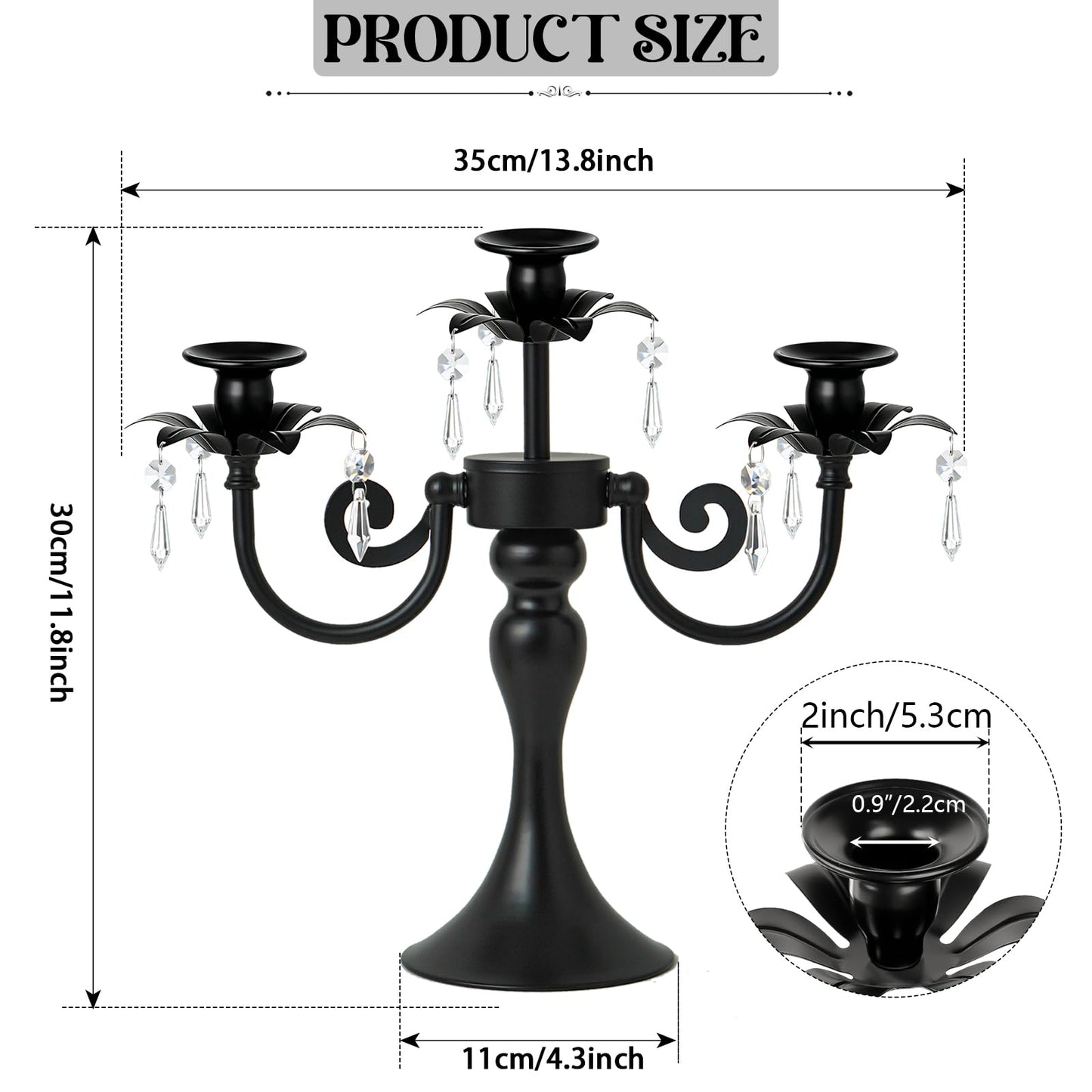 KEHAIL Metal 3 Arm Candelabra with Crystal Pendants - 11.8 Inch Tall Candle Holders, Set of 2 - Elegant Taper Candlestick Stand for Wedding, Dining Table, Christmas Party Home Decoration (6, Black)