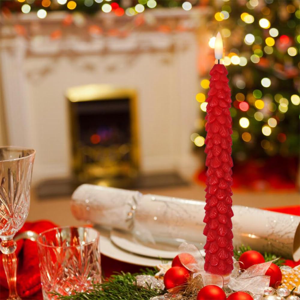 DRomance Christmas Tree Flameless Taper Candles Battery Operated with 10-Key Remote and Cycle Timer 4 Pack Real Wax 3D Wick Flickering LED Candlesticks Holiday Decor(Red, 0.79 x 9.9 Inch)