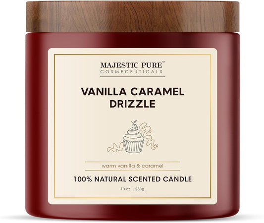 Majestic Pure Vanilla Caramel Scented Candle with Upto 45+ Hrs Burn Time, 2-Wick Candle, Soy Wax Blend for Cleaner Consistent Burn, 10 oz Jar Candle with Room Filling Fragrance, Drizzle