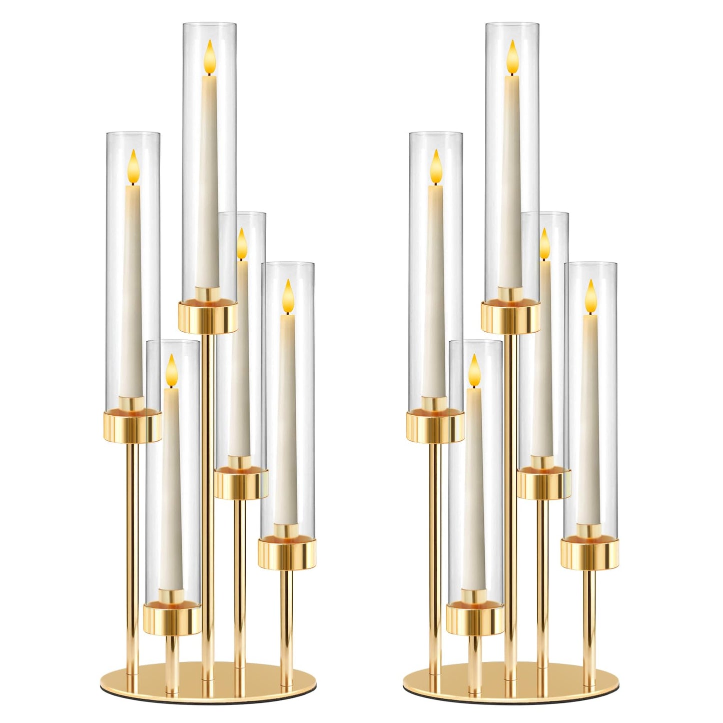 KEHAIL 5-Arm Black Metal Table Candelabra Centerpiece, 22" Tall Clear Candlesticks Holder with Shade for Valentines Day Events Party Table Centerpiece,Fit LED Candles (2, Gold, S-22 in)