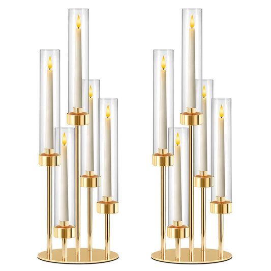 KEHAIL 5-Arm Black Metal Table Candelabra Centerpiece, 22" Tall Clear Candlesticks Holder with Shade for Valentines Day Events Party Table Centerpiece,Fit LED Candles (2, Gold, S-22 in)