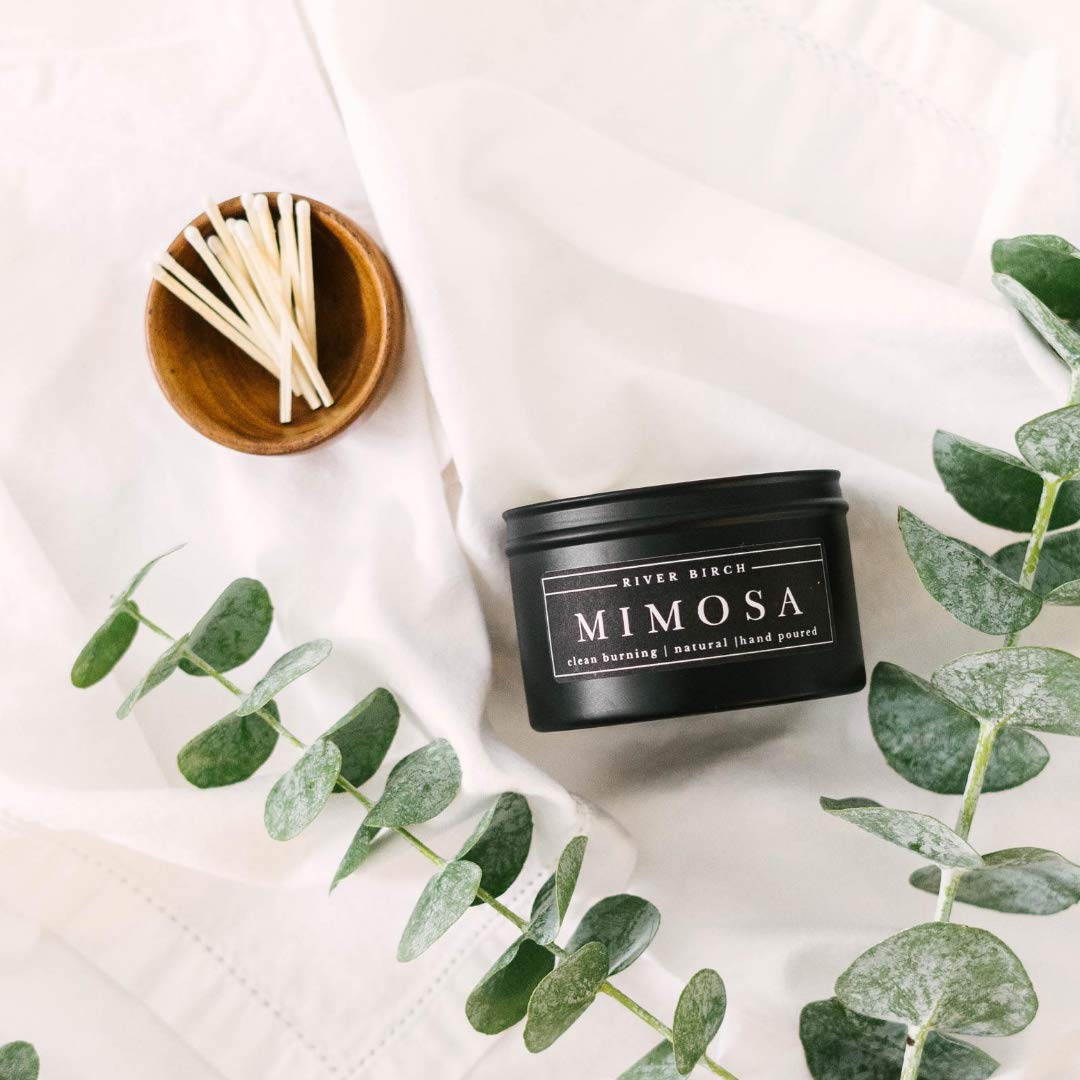 River Birch Candles Mimosa Scented Candle | Premium, All-Natural, Non-Toxic, Soy Candles | 8 oz. Black Matte Tin Travel Candle | Cozy Relaxing Gifts for Home